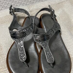 Michael Kors Silver Glitter T-Strap Sandals for Women - Metallic Accents